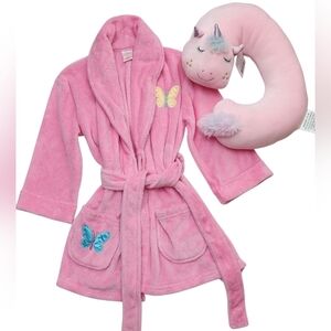 Target Pink Kids Robe with Butterfly Accents And Unicorn Neck Pillow